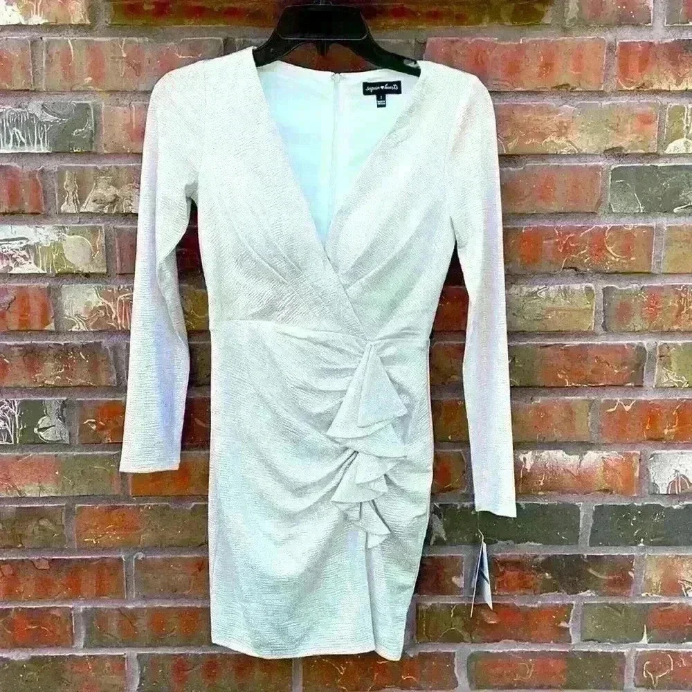 Sequin Hearts White Shimmery Cocktail Dress Long Sleeve V Neckline